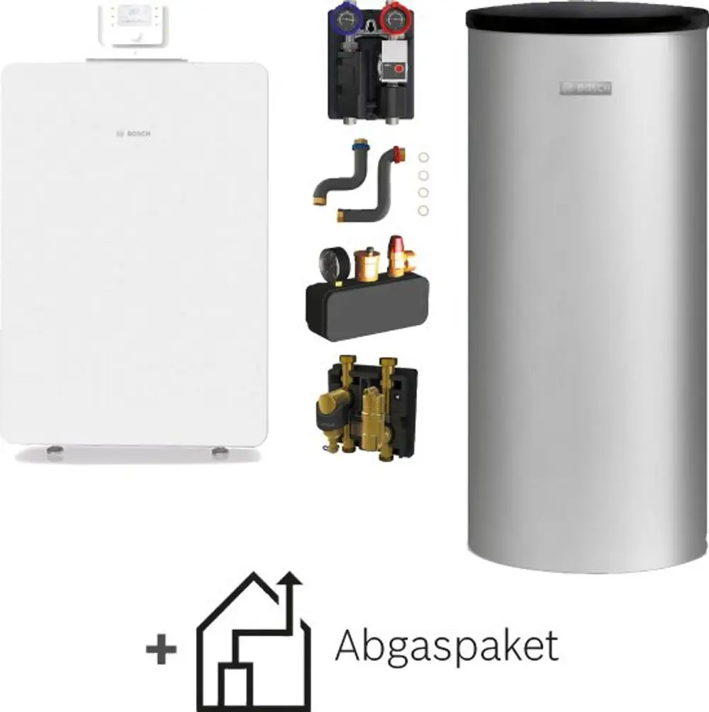 Bosch Heizsystem-Paket mit einem weißen Kompaktgerät, verschiedenen Verbindungsteilen und einem silbernen Speicher in modernen Design. Anordnung von Komponenten auf hellem Hintergrund.